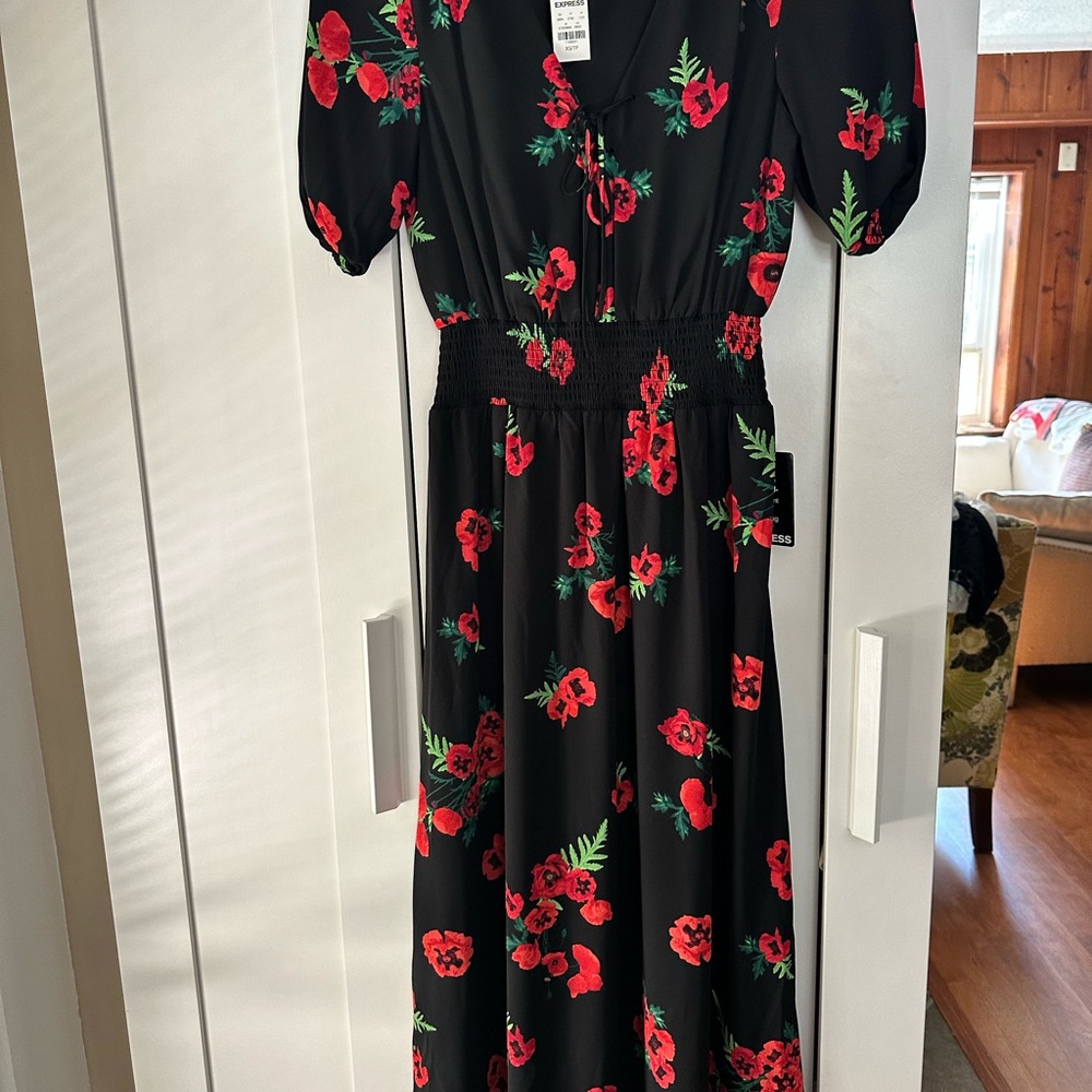 Long Floral Summer Dress. Black with Red flowers